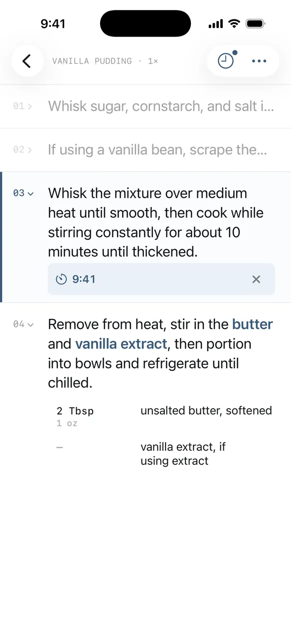 Cooking mode with a running step timer