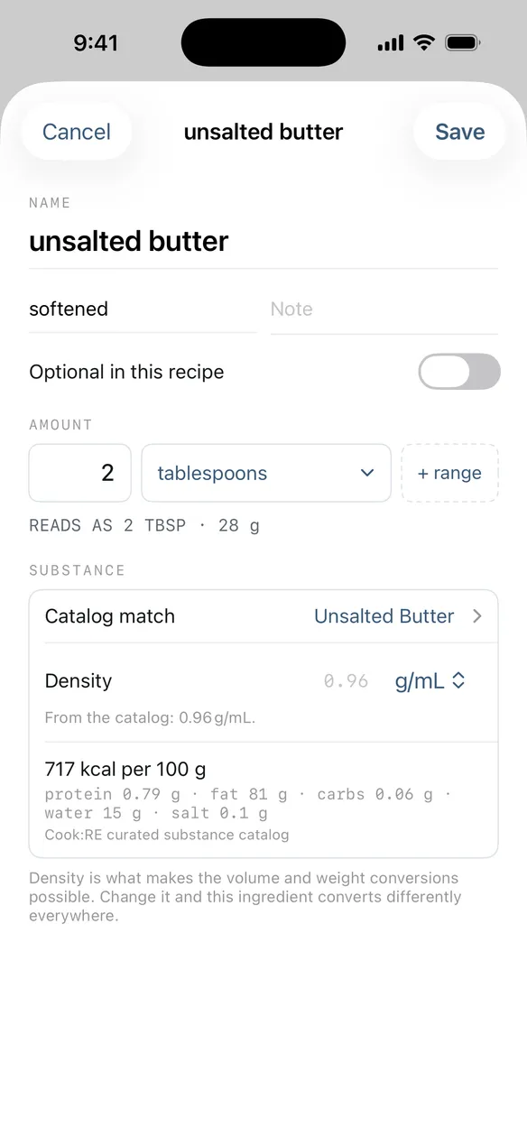 Editing one ingredient's amount and substance